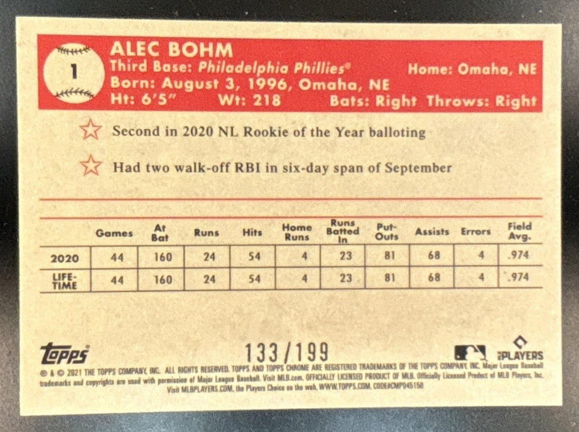 2021 Topps Chrome Platinum Anniversary Alec Bohm Blue Mini Diamond /199 #1 RC
