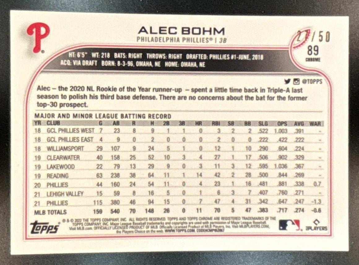 2022 Topps Chrome Alec Bohm Gold Refractor /50 #89 Philadelphia Phillies