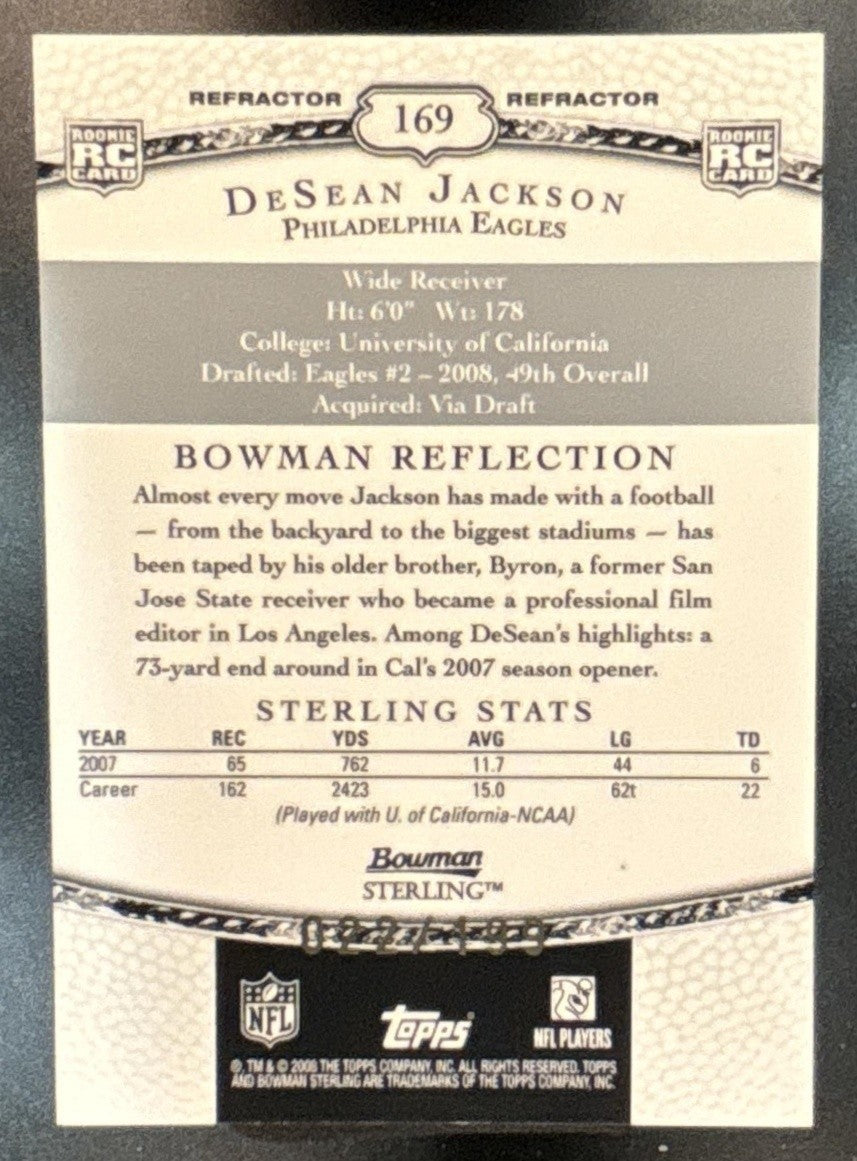 2008 Bowman Sterling DeSean Jackson Jerseys /499 #169 RC Philadelphia Eagles