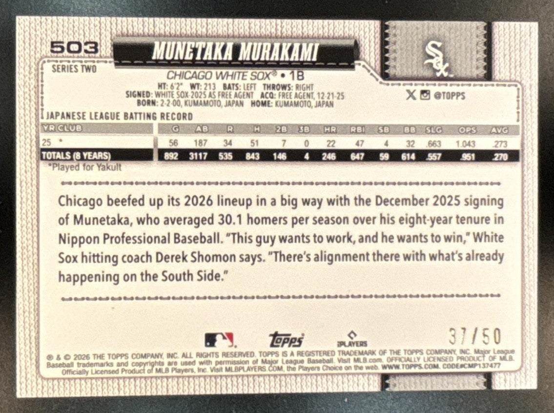 2026 Topps Series 2 Munetaka Murakami Gold Sandglitter /50 #503 RC White Sox