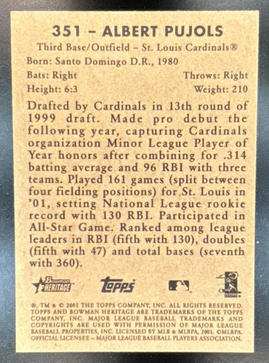 2001 Bowman Heritage Albert Pujols #351 RC St. Louis Cardinals