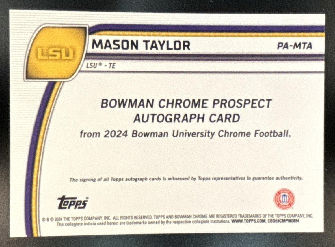 2024 Bowman Chrome University Mason Taylor Prospect Auto Fuchsia /150 LSU Tigers
