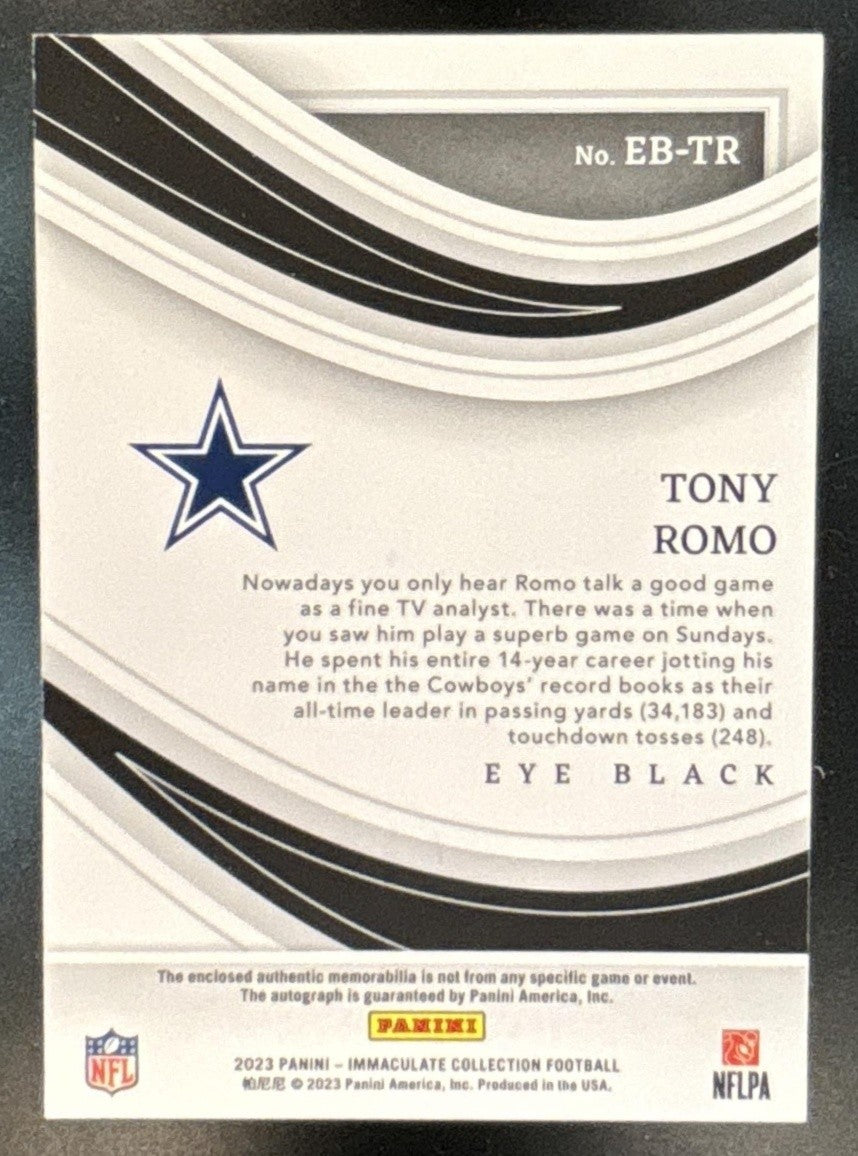 2023 Immaculate Collection Tony Romo Eye Black Laundry Tag 1/1 Auto