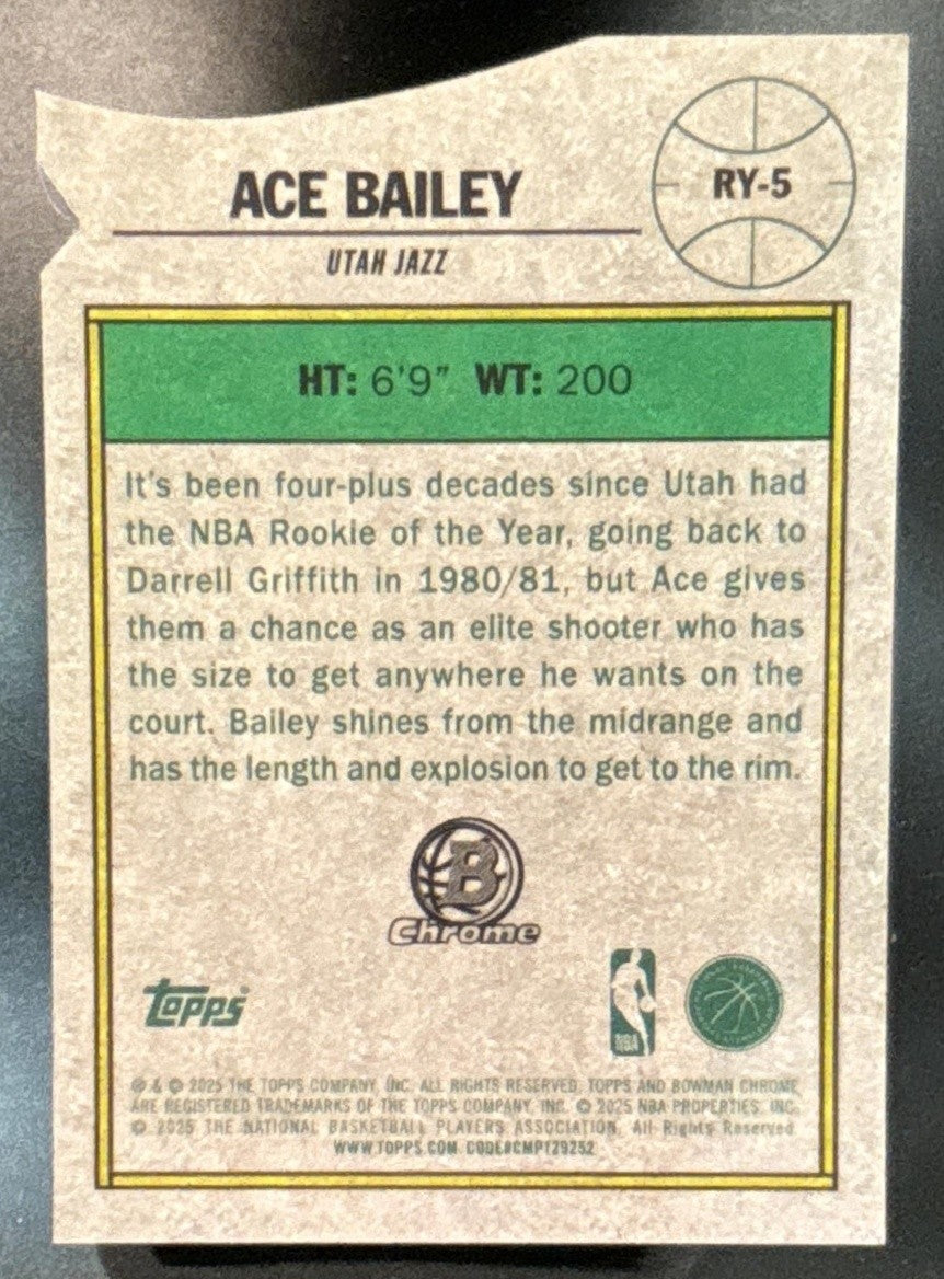 2025-26 Bowman Ace Bailey ROY Favorites Chrome Purple /250 #RY-5 RC Utah Jazz