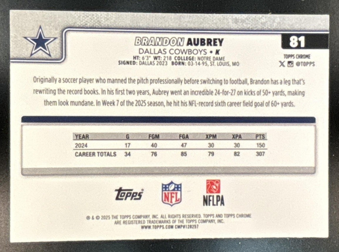 2025 Topps Chrome Brandon Aubrey Green Wave Refractor /99 #81 Dallas Cowboys
