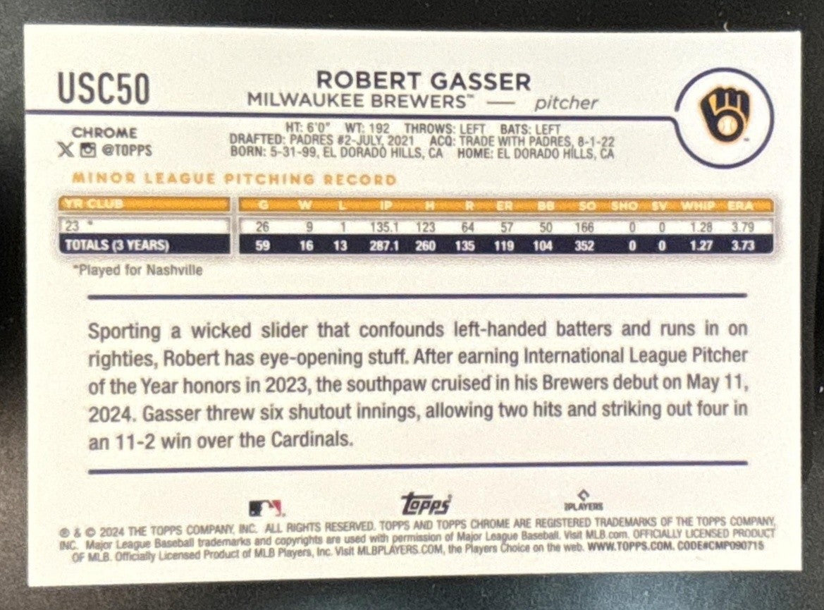 2024 Topps Chrome Update Robert Gasser Aqua RayWave /199 #USC50 RC Brewers