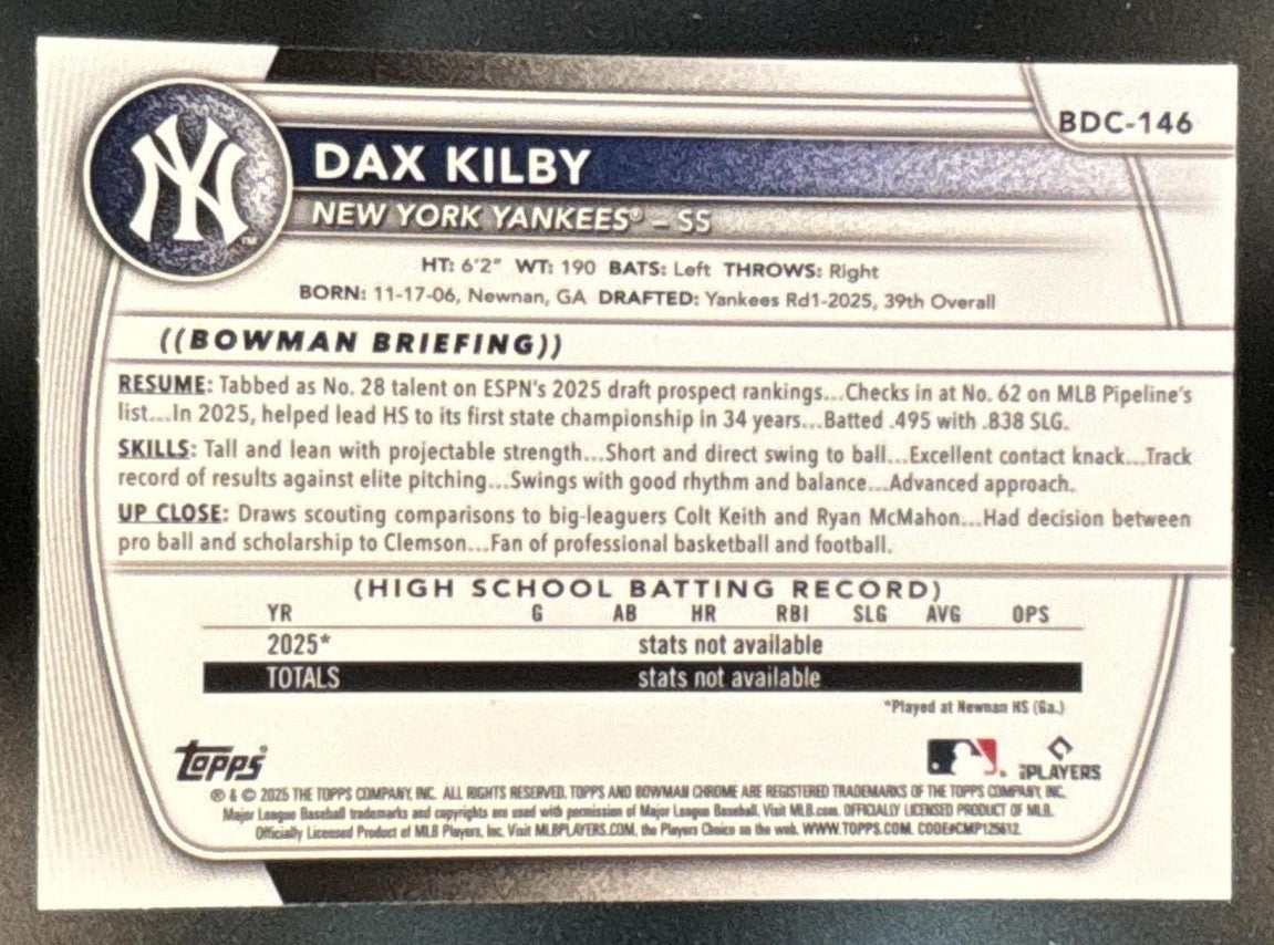 2025 Bowman Draft Dax Kilby Chrome Yellow /75 #BDC-146 1st Prospect Yankees