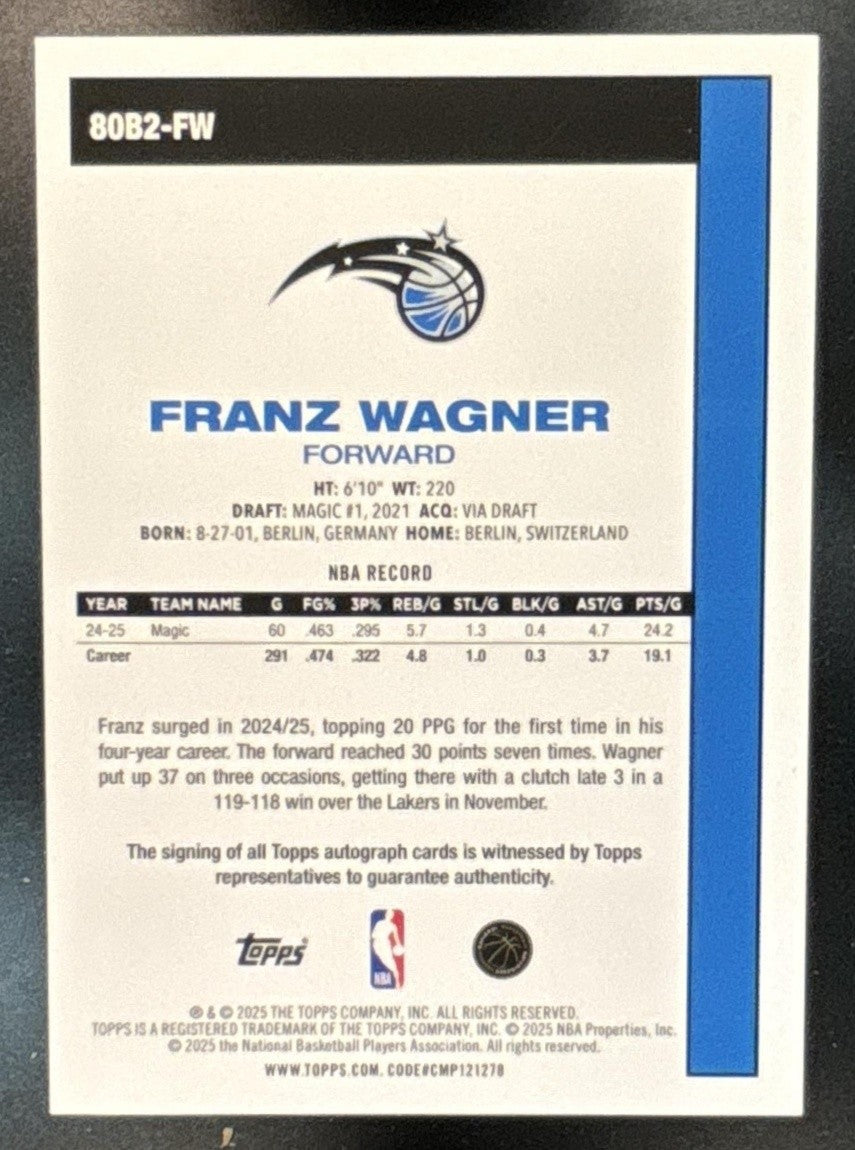 2025-26 Topps Franz Wagner 1980-81 Auto Black Rainbow /10 #80B2-FW Orl