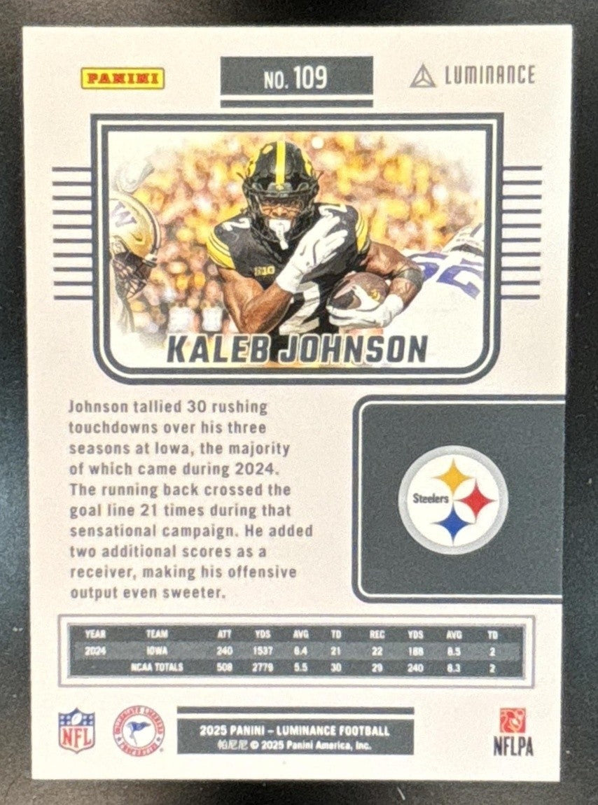 2025 Panini Luminance Kaleb Johnson Purple /249 #109 RC Pittsburgh Steelers