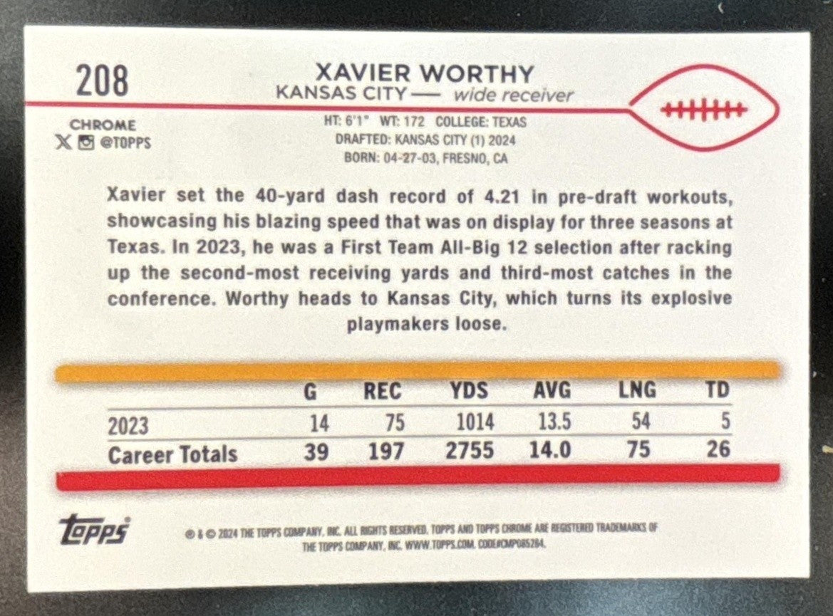 2024 Topps Chrome Xavier Worthy Green Refractor /99 #208 RC Kansas City Chiefs