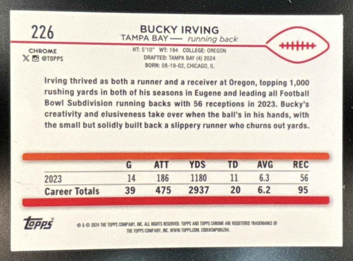 2024 Topps Chrome Bucky Irving Teal Refractor /250 #226 RC Tampa Bay Buccaneers