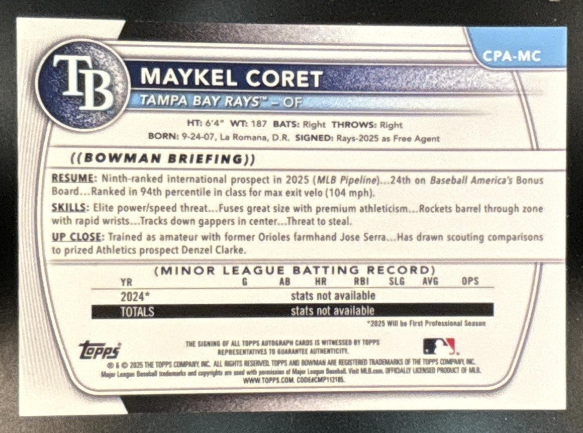 2025 Bowman Chrome Maykel Coret Auto Reptilian Green /99 1st Prospect Rays