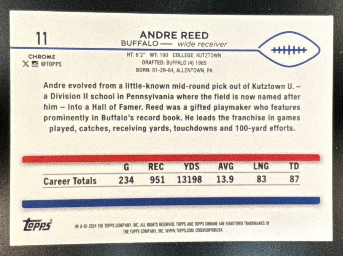 2024 Topps Chrome Andre Reed Yellow Refractor /75 #11 Buffalo Bills