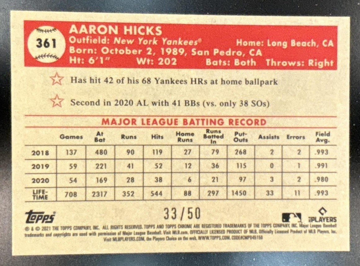 2021 Topps Chrome Platinum Anniversary Aaron Hicks Gold/Rose Gold Wave /50 #361