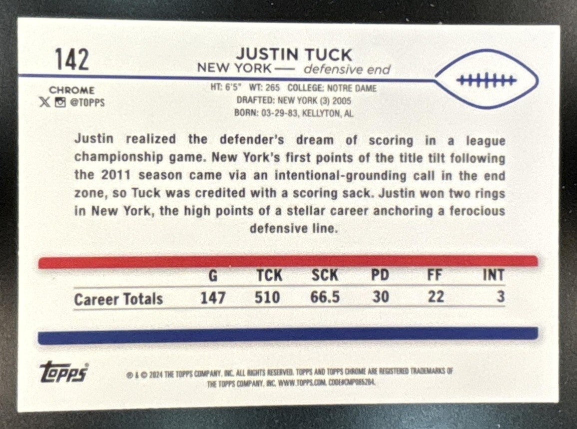 2024 Topps Chrome Justin Tuck Magenta Refractor /399 #142 New York Giants