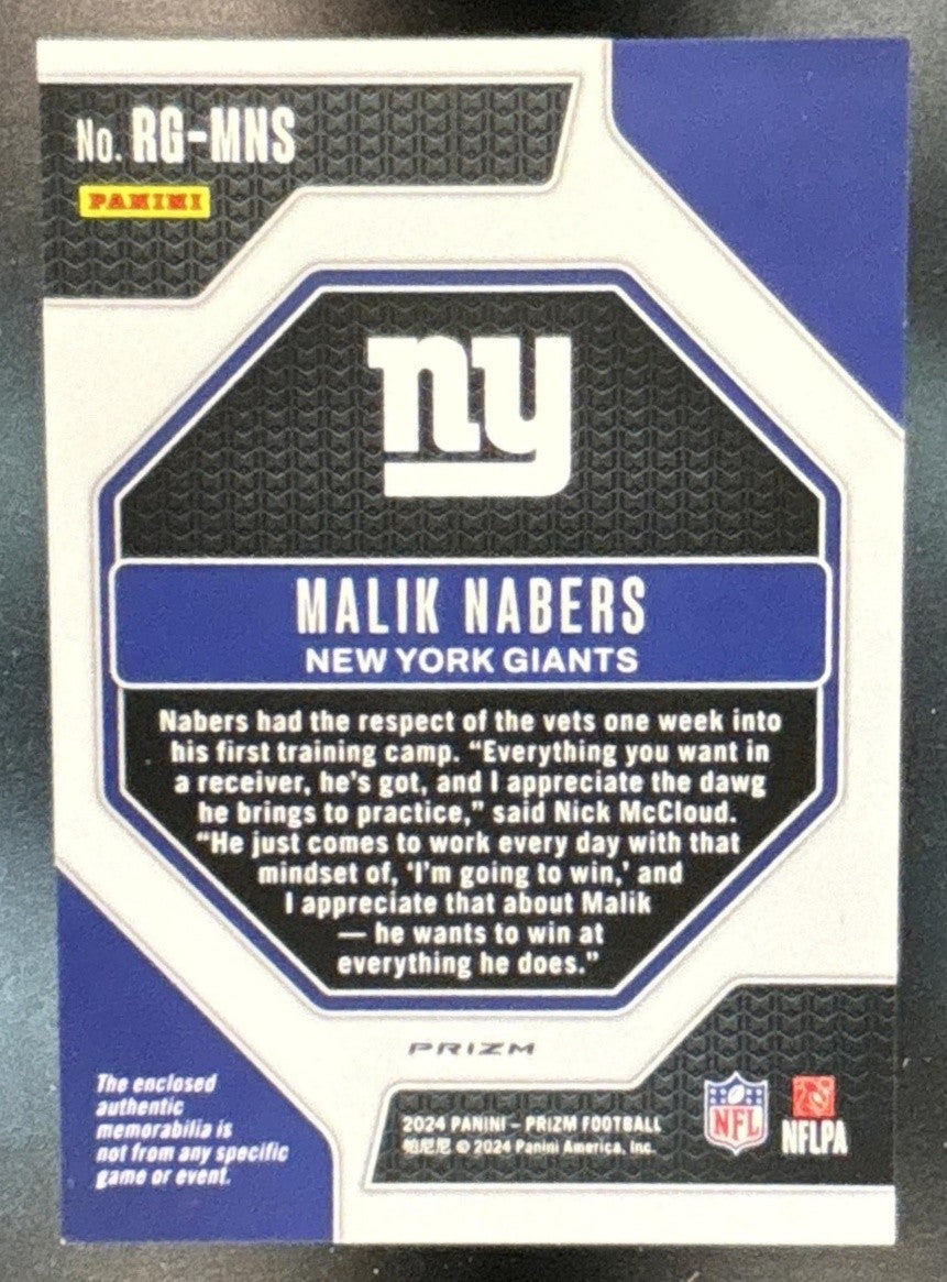 2024 Panini Prizm Malik Nabers Rookie Gear Pink #RG-MNS MEM RC New York Giants