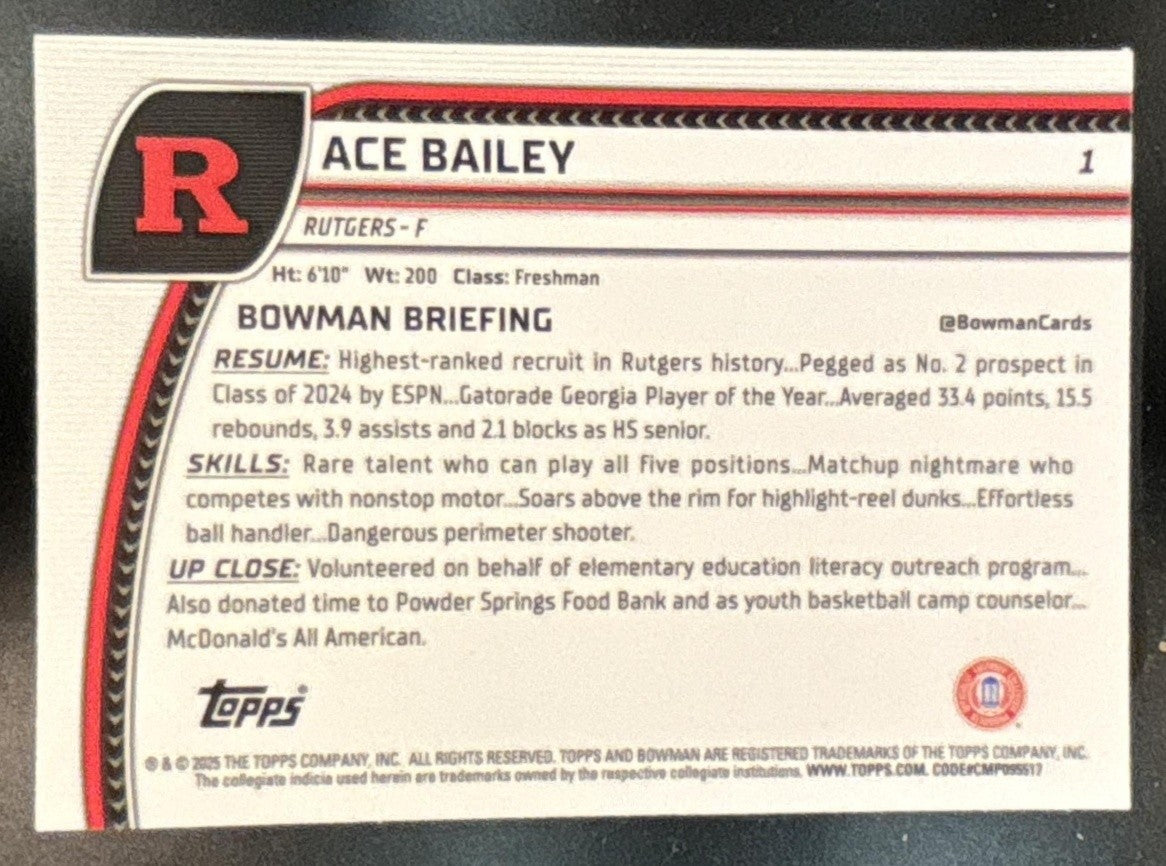 2024-25 Bowman Chrome University Ace Bailey Purple Lava Refractor #1