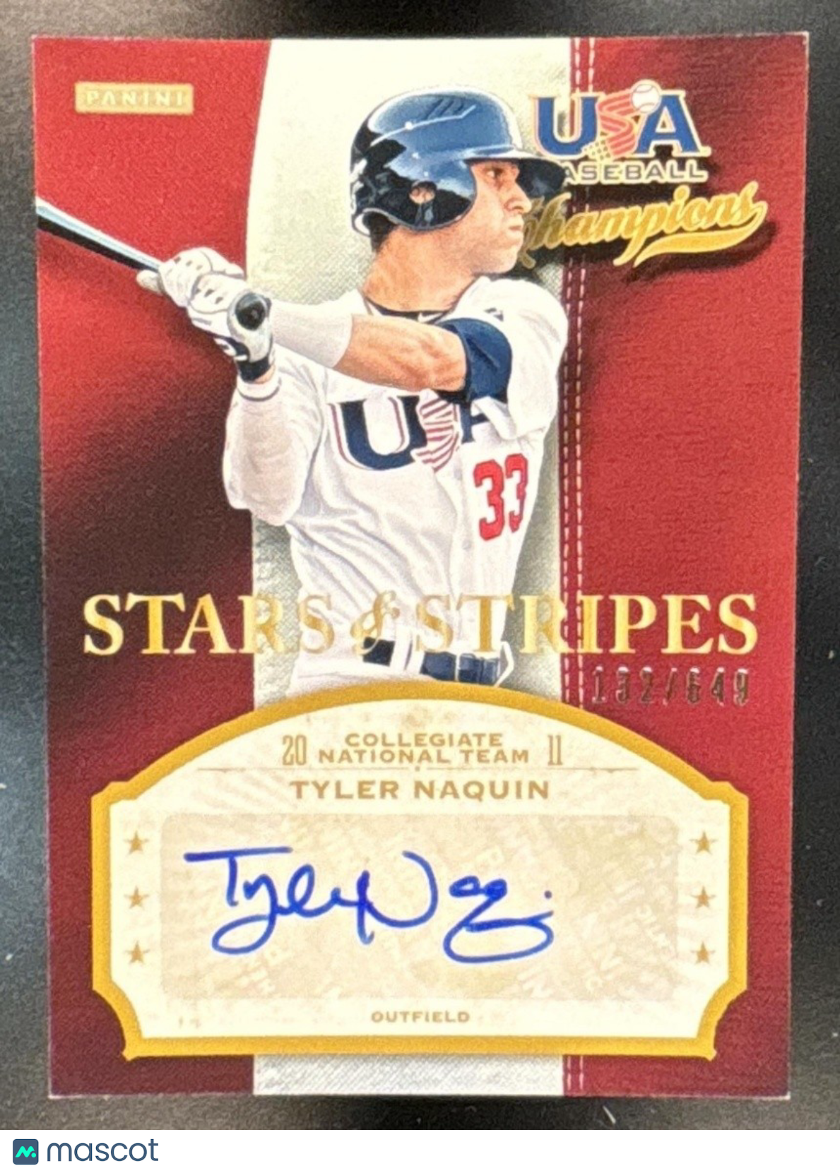 2013 USA Baseball Champions Tyler Naquin Stars and Stripes Signatures /649 Auto