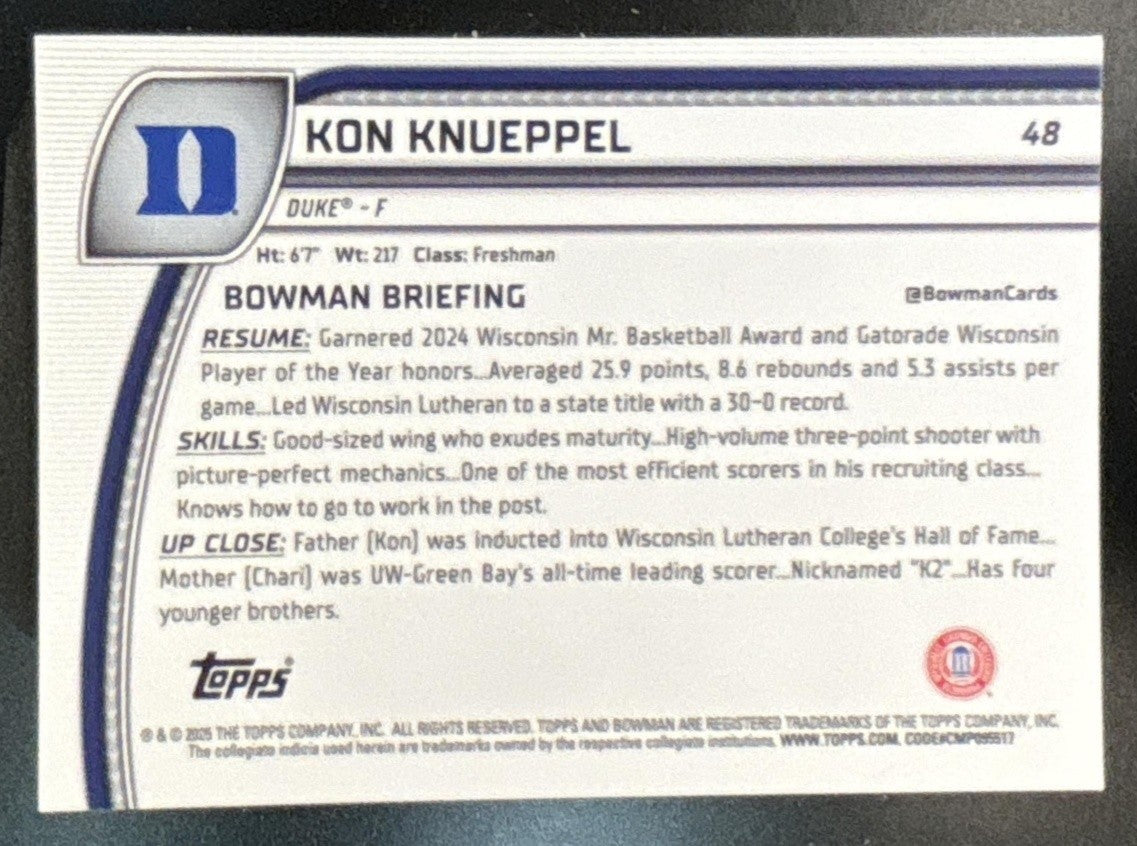 2024-25 Bowman Chrome University Kon Knueppel Black Wave #48 Duke Blue Devils