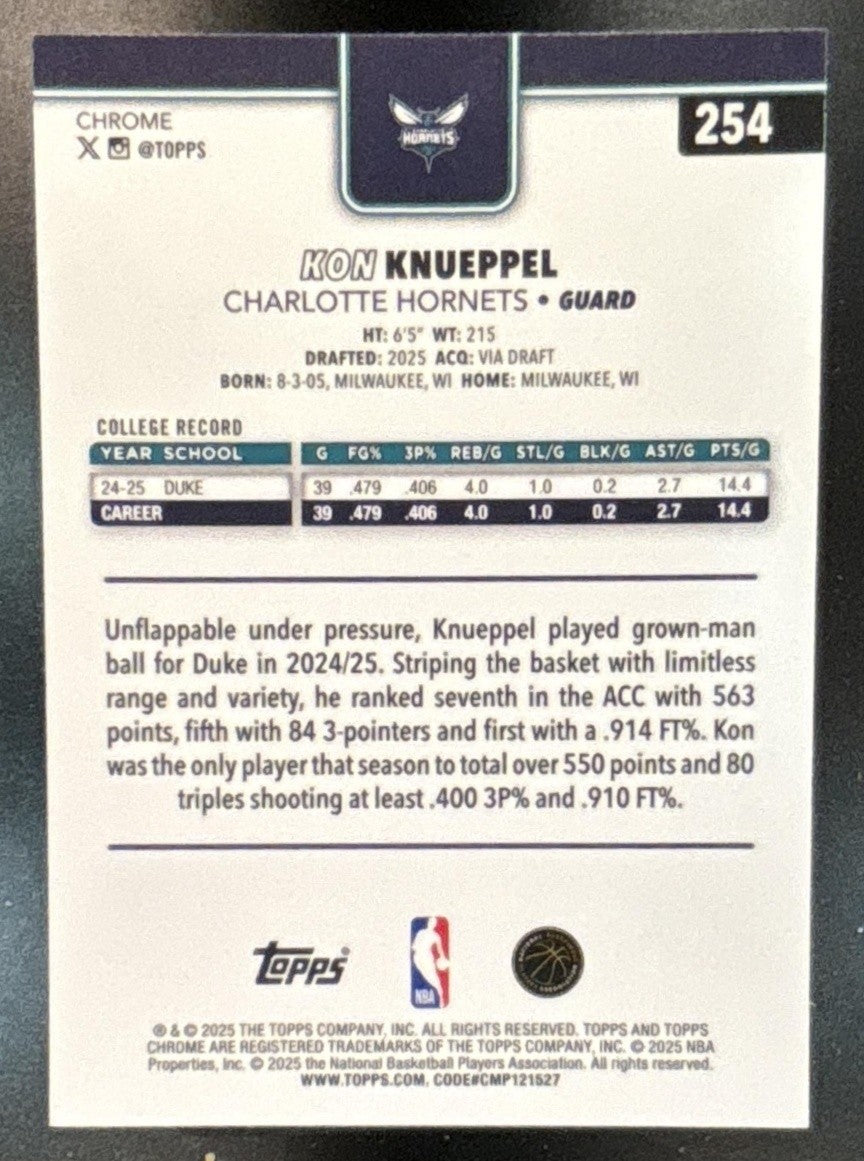 2025-26 Topps Chrome Kon Knueppel X-Fractor #254 RC Charlotte Hornets