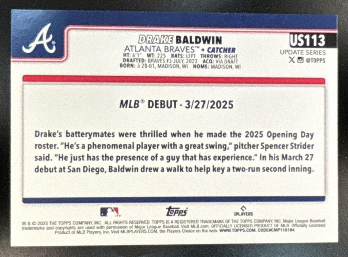 2025 Topps Update Drake Baldwin Foil Pattern #US113 RC Rookie Debut Braves