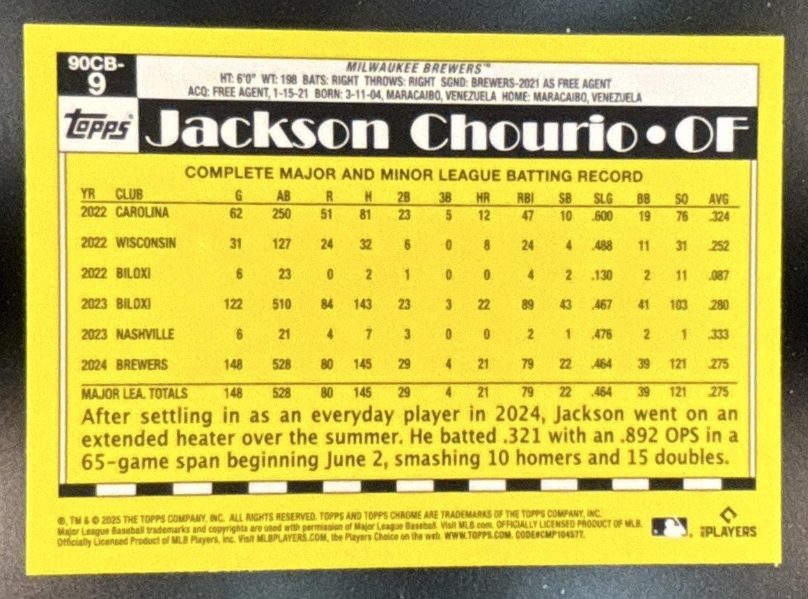 2025 Topps Chrome Jackson Chourio 1990 Baseball #90CB-9 Milwaukee Brewers