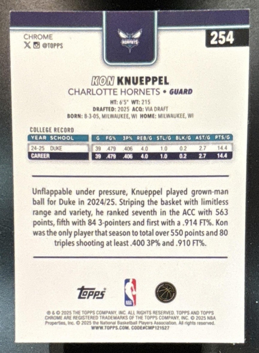 2025-26 Topps Chrome Kon Knueppel #254 RC Charlotte Hornets