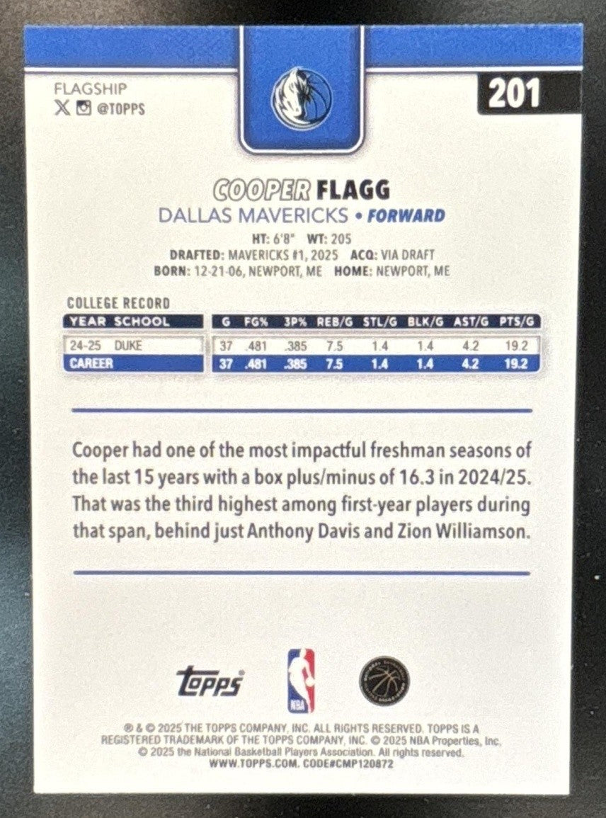 2025-26 Topps Cooper Flagg #201 RC Dallas Mavericks