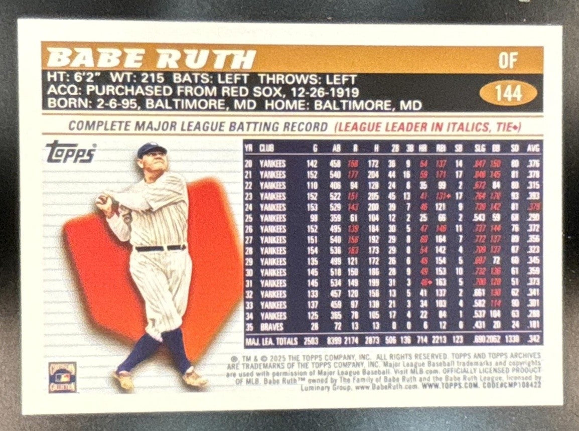 2025 Topps Archives Babe Ruth 1996 Design #144 New York Yankees