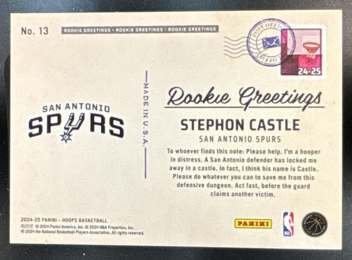 2024-25 Panini Hoops Stephon Castle Rookie Greetings #13 RC San Antonio Spurs
