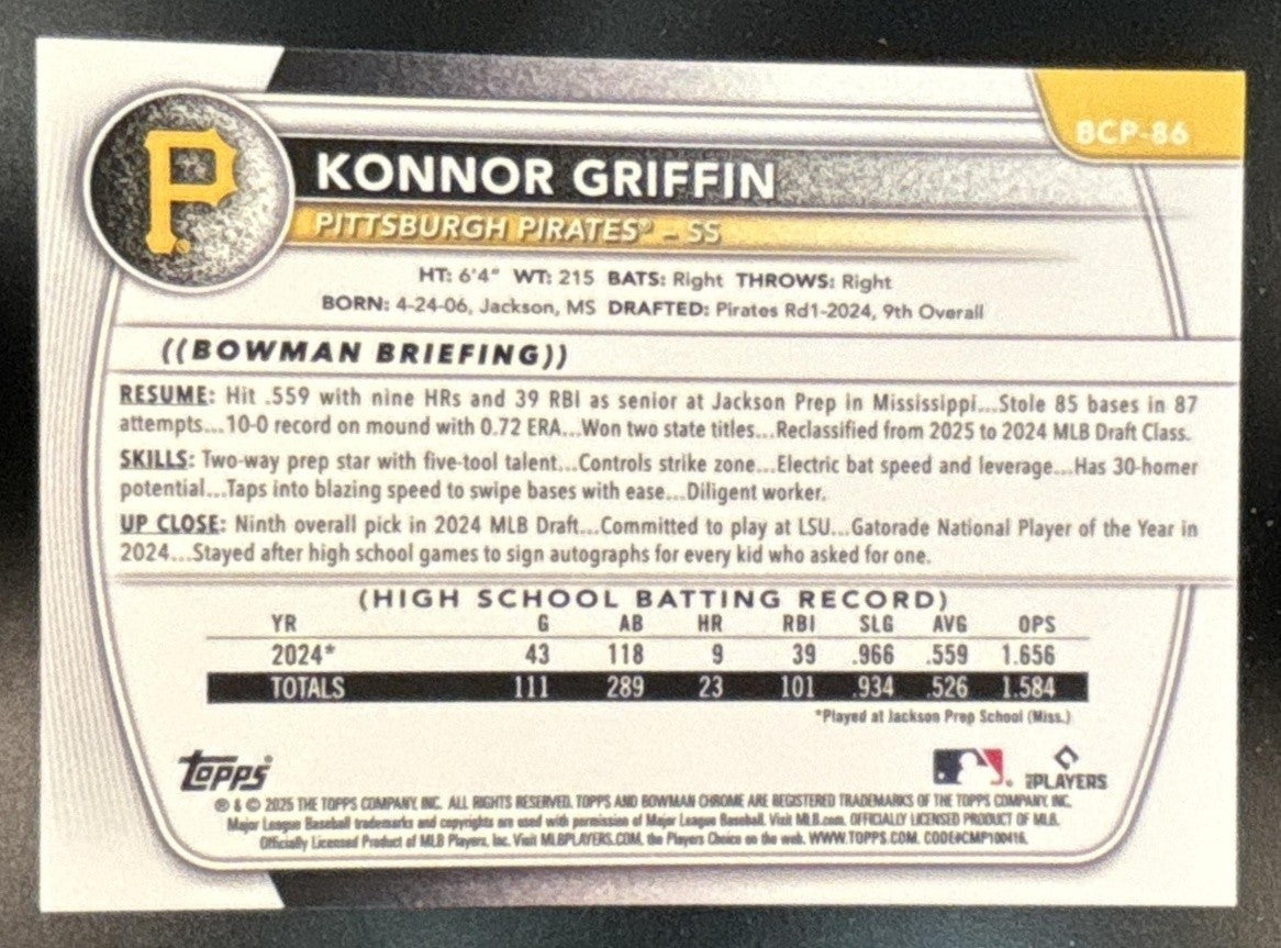 2025 Bowman Konnor Griffin Chrome Prospects Reptilian Refractor #BCP-86 Pirates