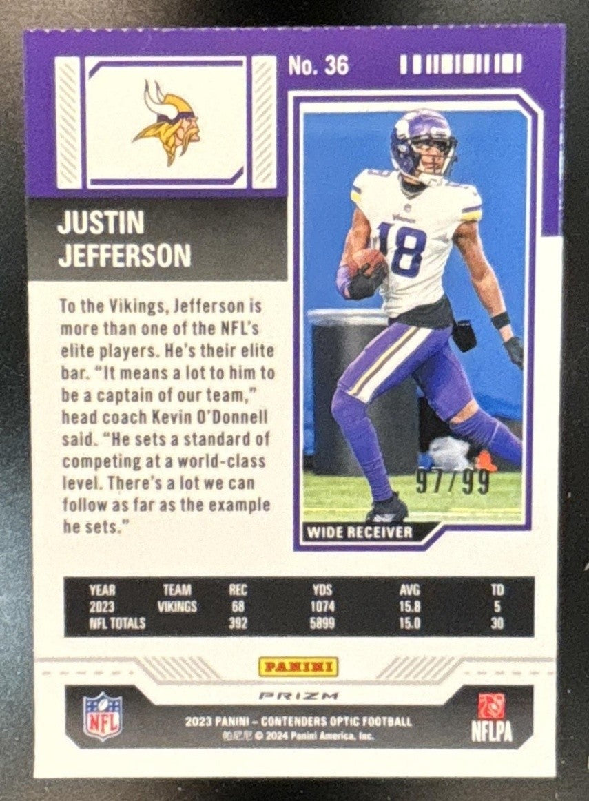 2023 Panini Contenders Optic Justin Jefferson Blue /99 #36 Minnesota Vikings