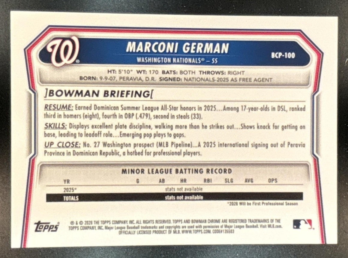 2026 Bowman Marconi German Chrome Etched In Glass #BCP-100 1st Prospect