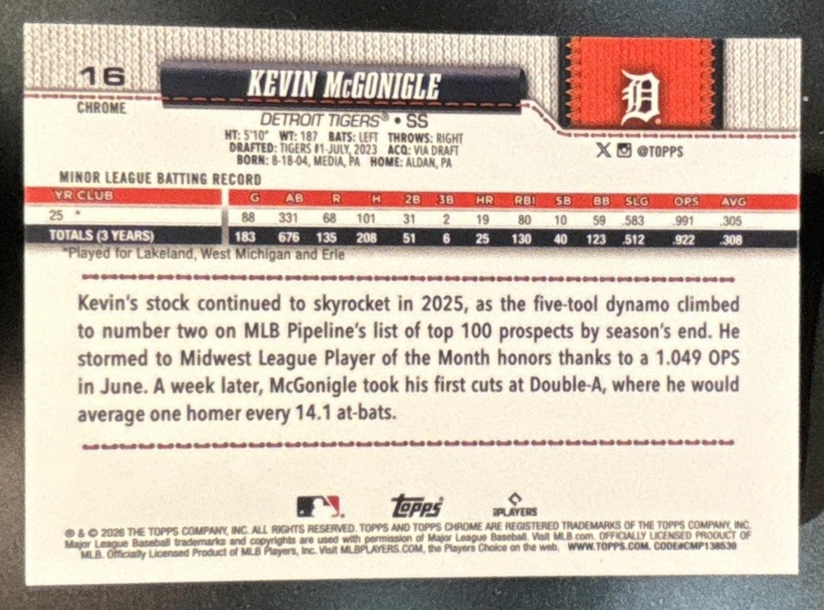 2026 Topps Chrome Kevin McGonigle Raywave Refractor #16 RC Detroit Tigers
