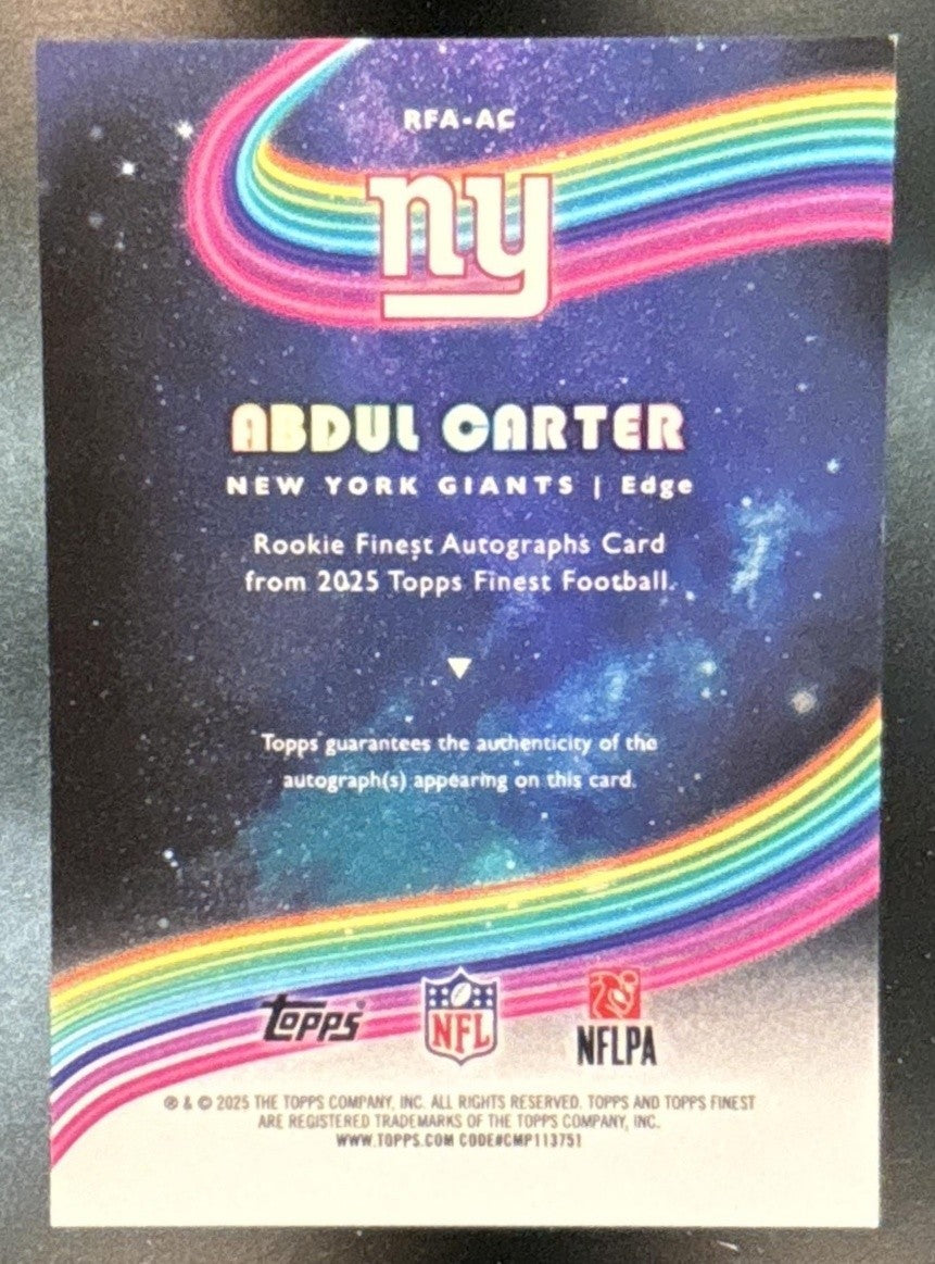 2025 Topps Finest Abdul Carter Auto Orange Refractor /25 RC New York Giants