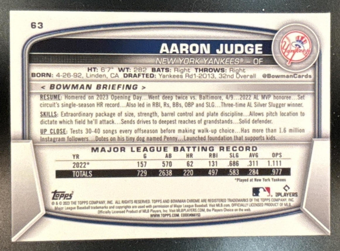 2023 Bowman Chrome Sapphire Aaron Judge #63 New York Yankees