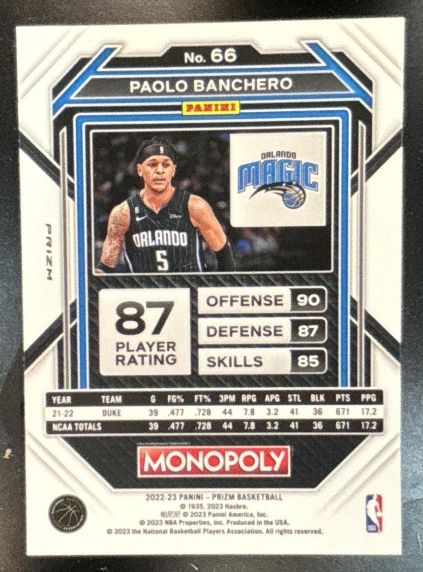2022-23 Panini Prizm Monopoly Paolo Banchero Teal Wave #66 RC Orlando Magic
