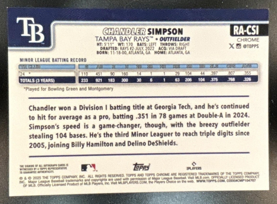 2025 Topps Chrome Chandler Simpson Rookie Auto #RA-CSI RC Tampa Bay Rays