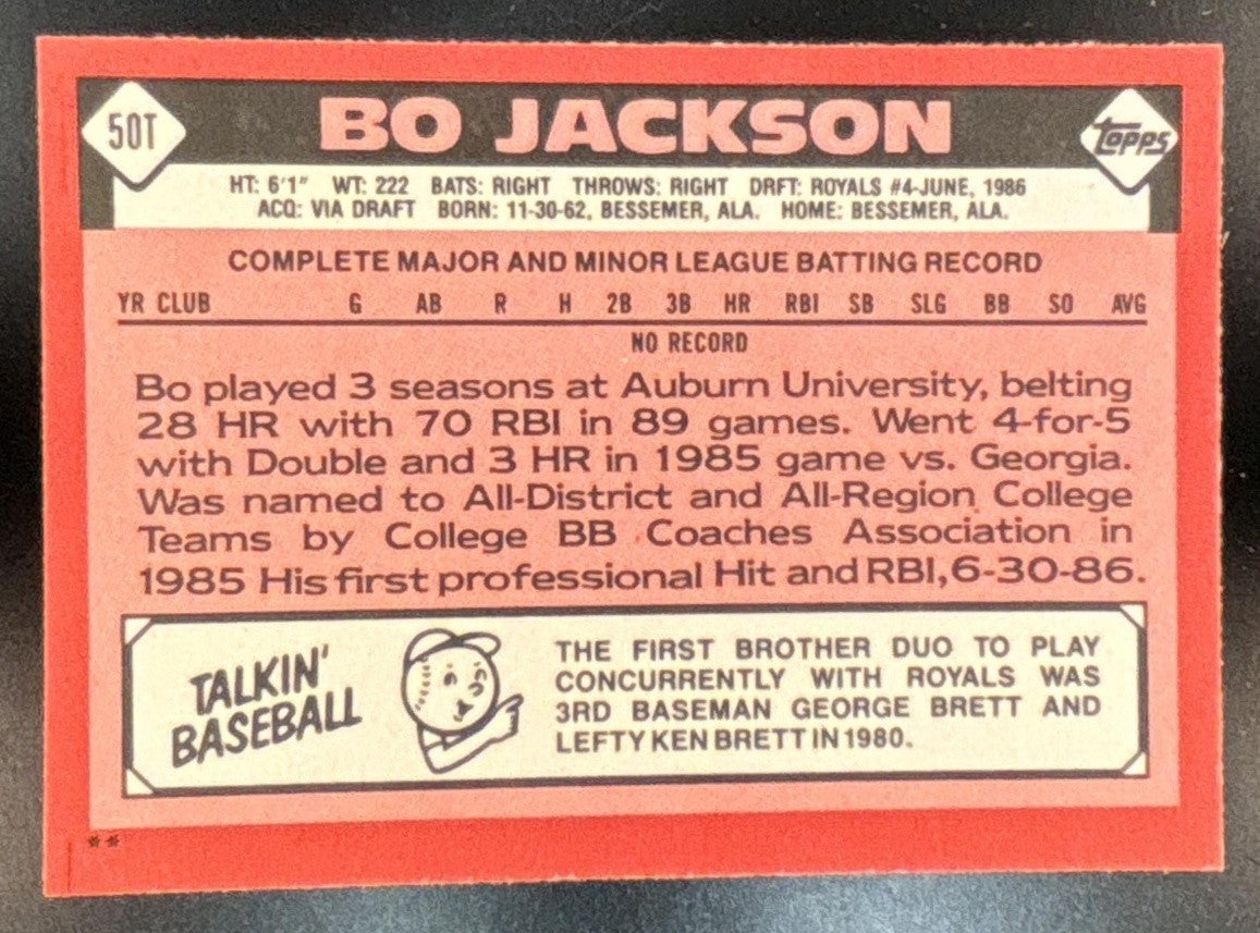 1986 Topps Traded Bo Jackson #50T RC Kansas City Royals