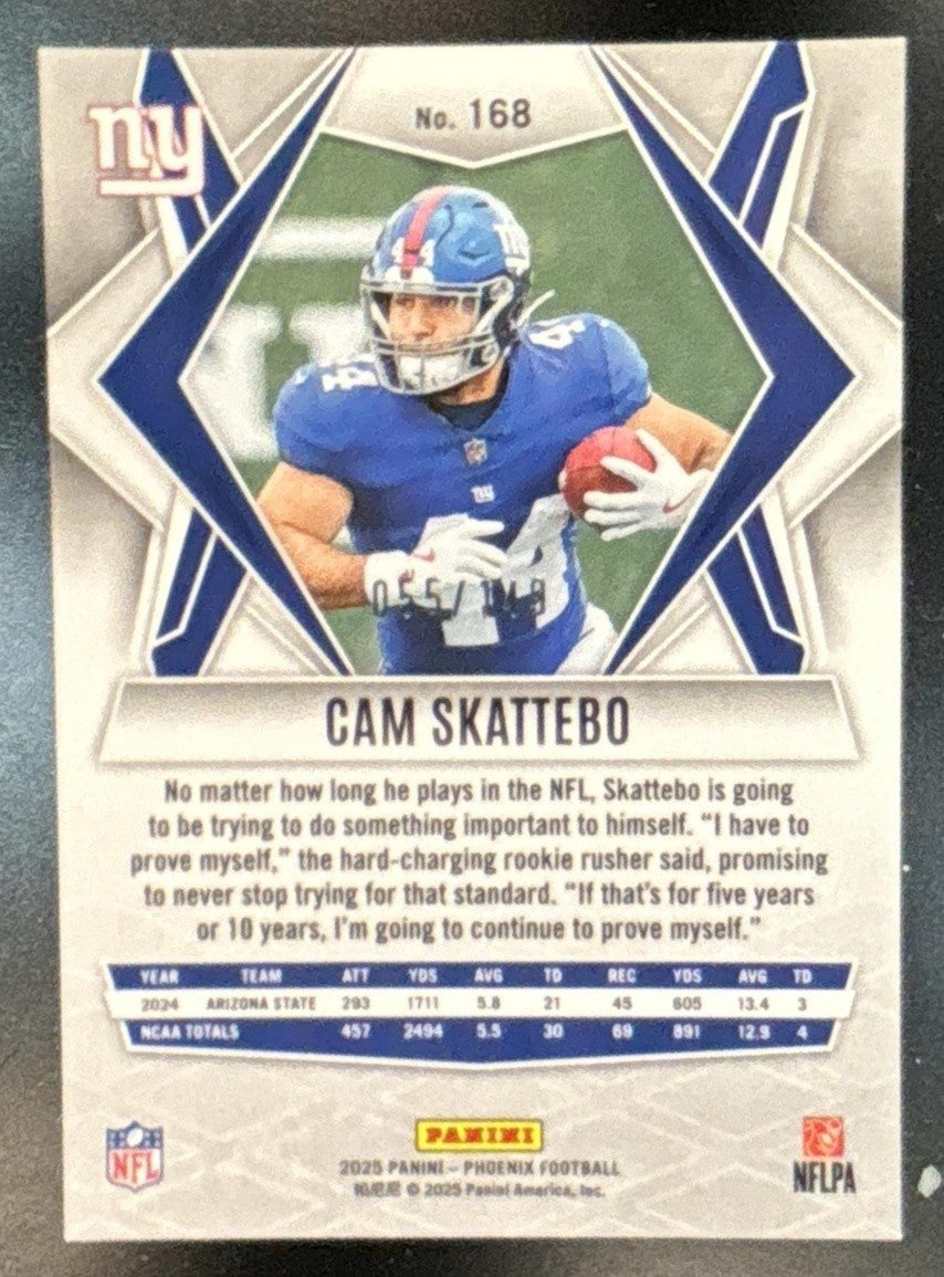 2025 Panini Phoenix Cam Skattebo Pink Lazer Prizm /149 #168 RC New York Giants