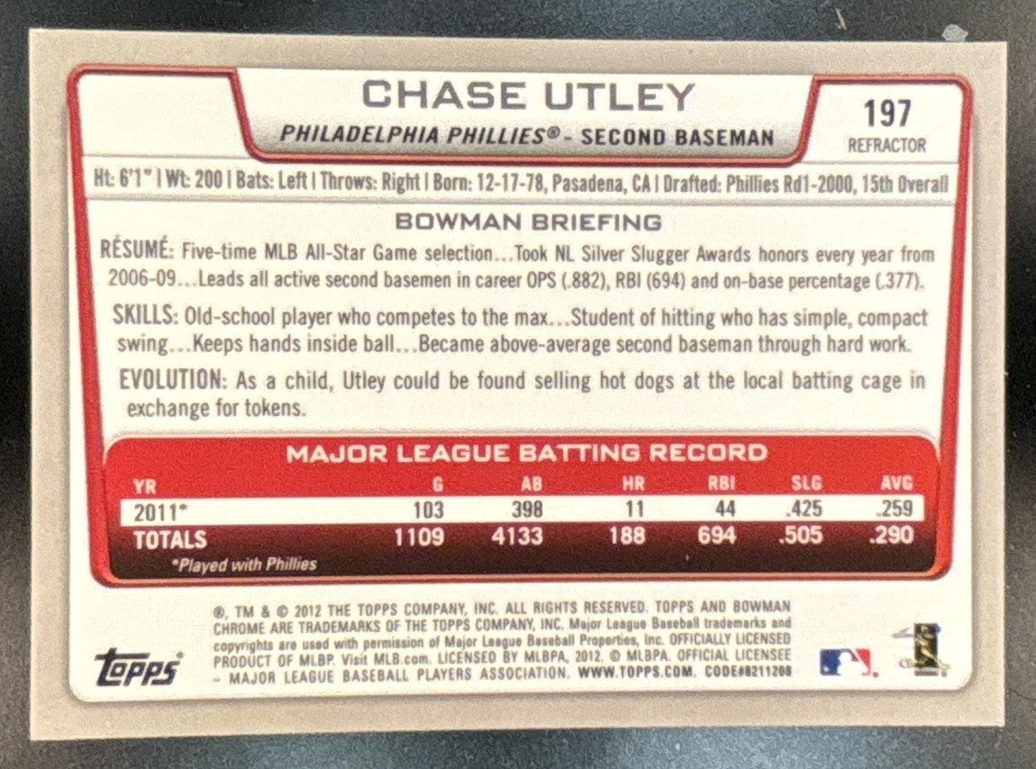2012 Bowman Chrome Chase Utley Refractor #197 Philadelphia Phillies