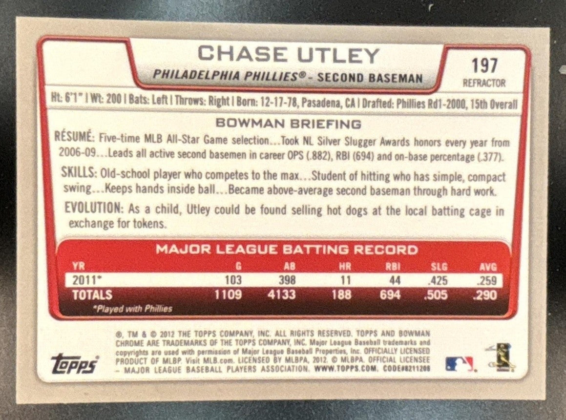2012 Bowman Chrome Chase Utley Refractor #197 Philadelphia Phillies
