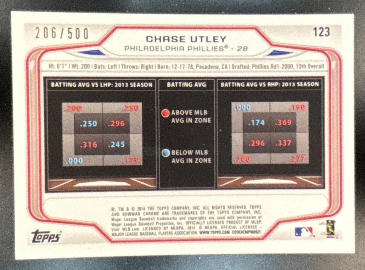 2014 Bowman Chrome Chase Utley Refractor /500 #123 Philadelphia Phillies