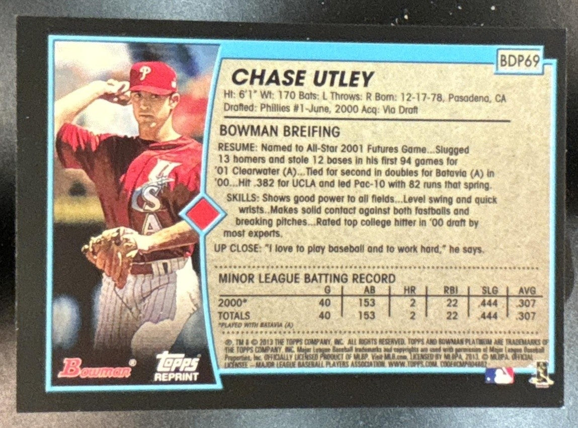 2013 Bowman Platinum Chase Utley Rookie Reprints Blue Sapphire #BDP69 Phillies