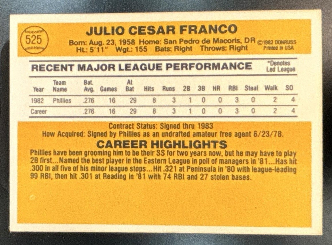 1983 Donruss Julio Franco #525 RC Philadelphia Phillies