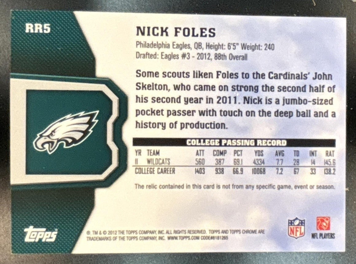 2012 Topps Chrome Nick Foles Rookie Relics #RR5 RC Philadelphia Eagles