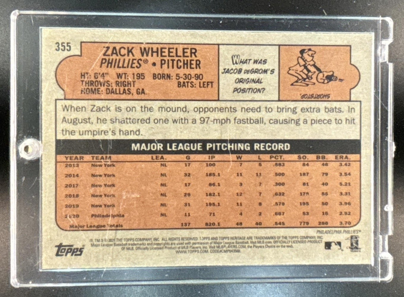 2021 Topps Heritage Zack Wheeler Chrome Purple Refractor #355 Phillies