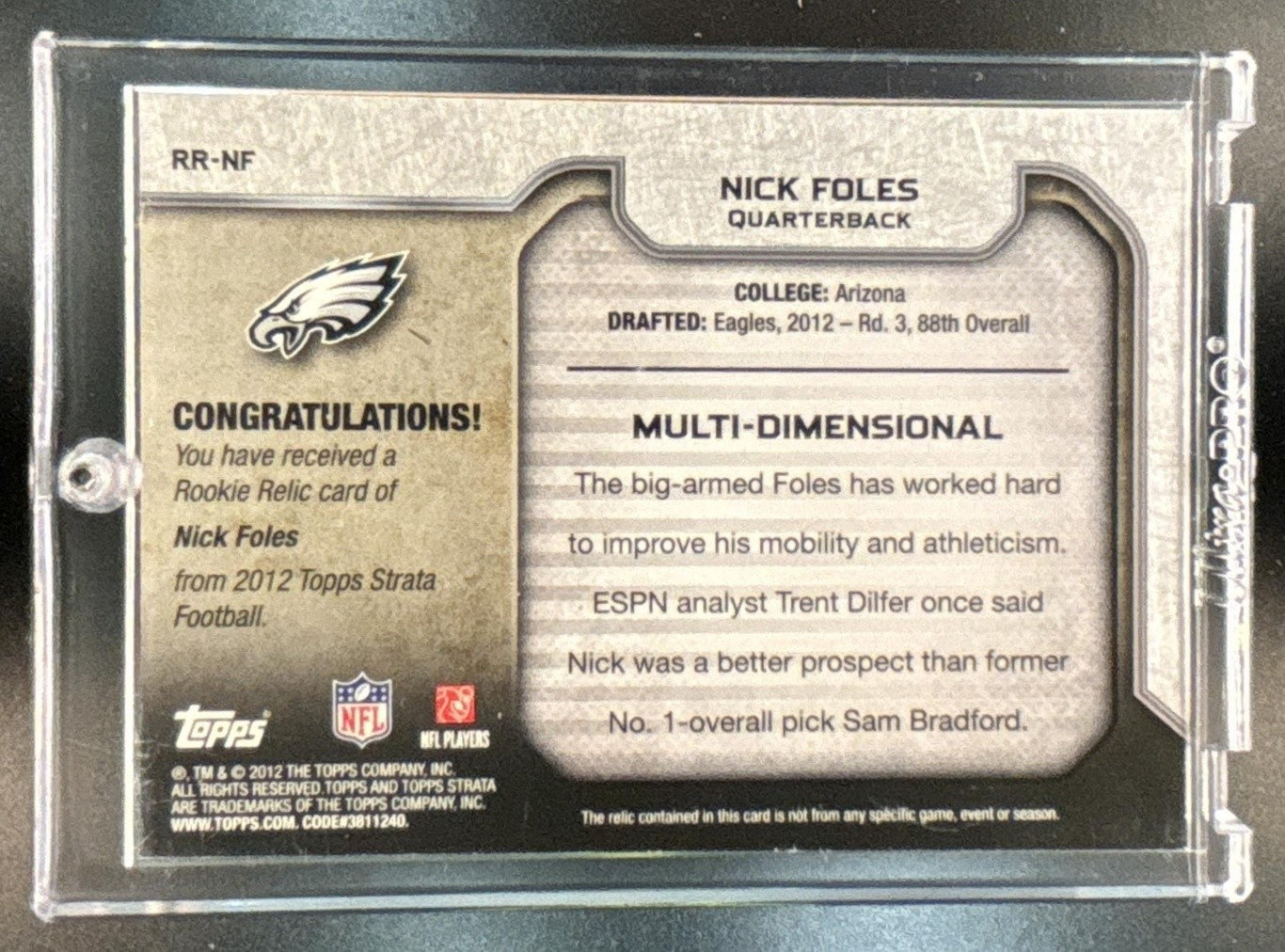 2012 Topps Strata Hobby Nick Foles Rookie Relics /296 MEM RC Philadelphia Eagles
