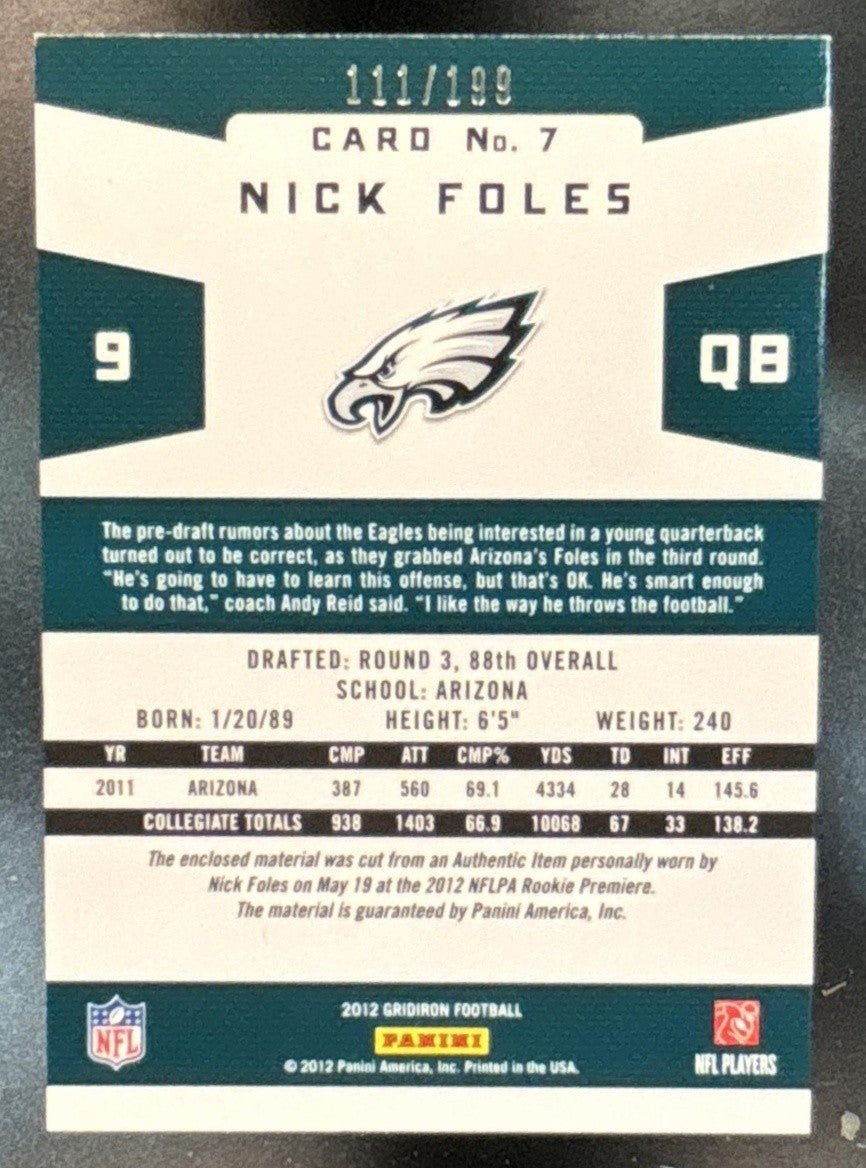 2012 Gridiron Nick Foles Rookie Gems Jerseys Trios /199 #7 RC Eagles
