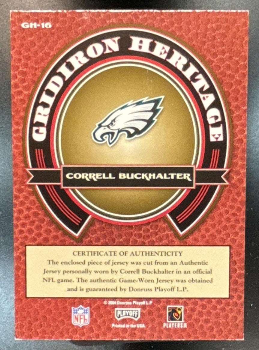 2004 Playoff Prestige Correll Buckhalter Gridiron Heritage Jerseys MEM Eagles